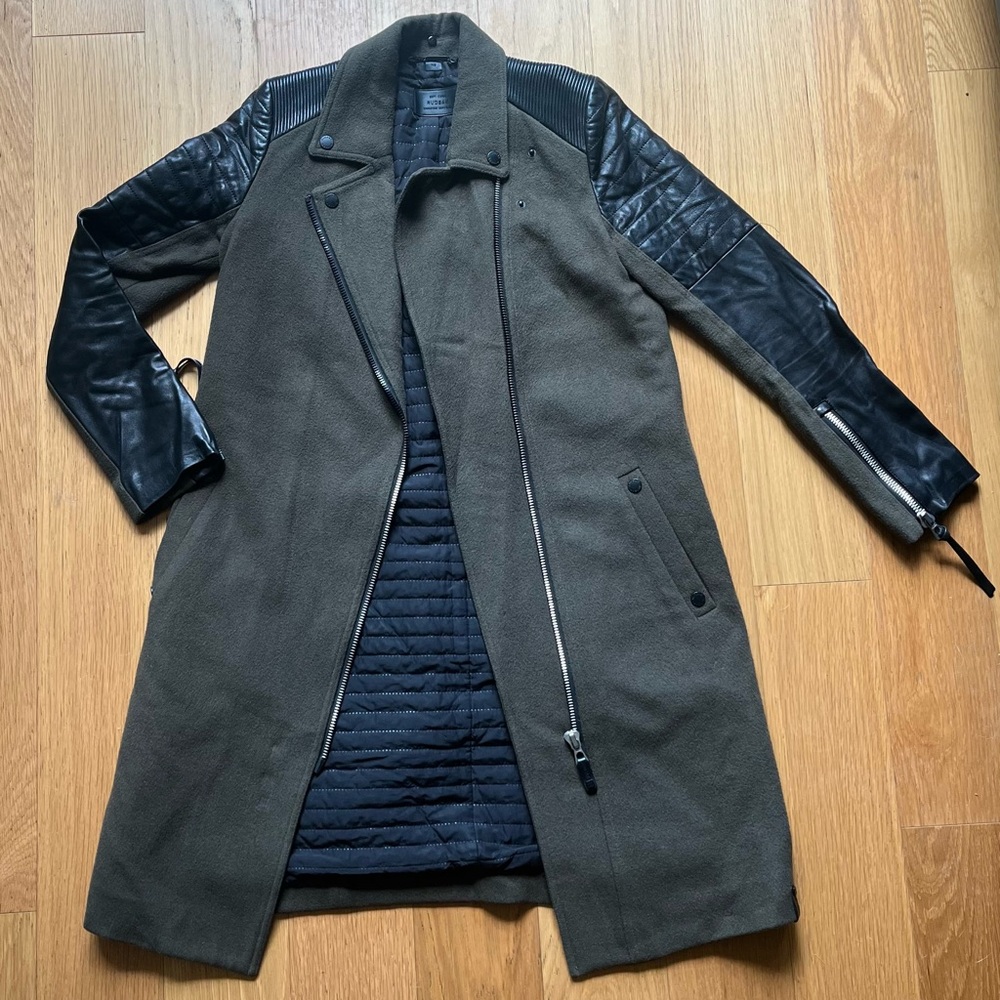 Authentic RUDSAK olive green wool and leather coat P/S